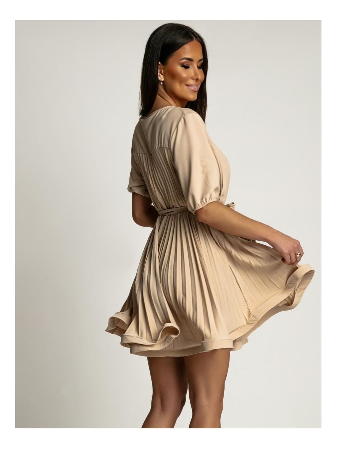 Pleated dress with short sleeves, beige AZR57172